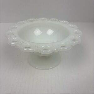 Vintage Anchor Hocking Footed Dish Lace Edge Milk Glass Compote Candy Nuts Retro